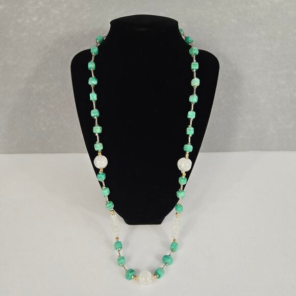 Glass Beaded Necklace with Square Sea Green Beads & White Glass Cut Beads - Picture 1 of 11